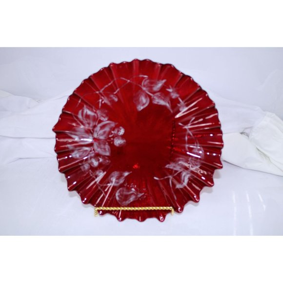 Ruby Red Platter with Intricate Painting Strawberries on a Vine Design - Picture 1 of 6
